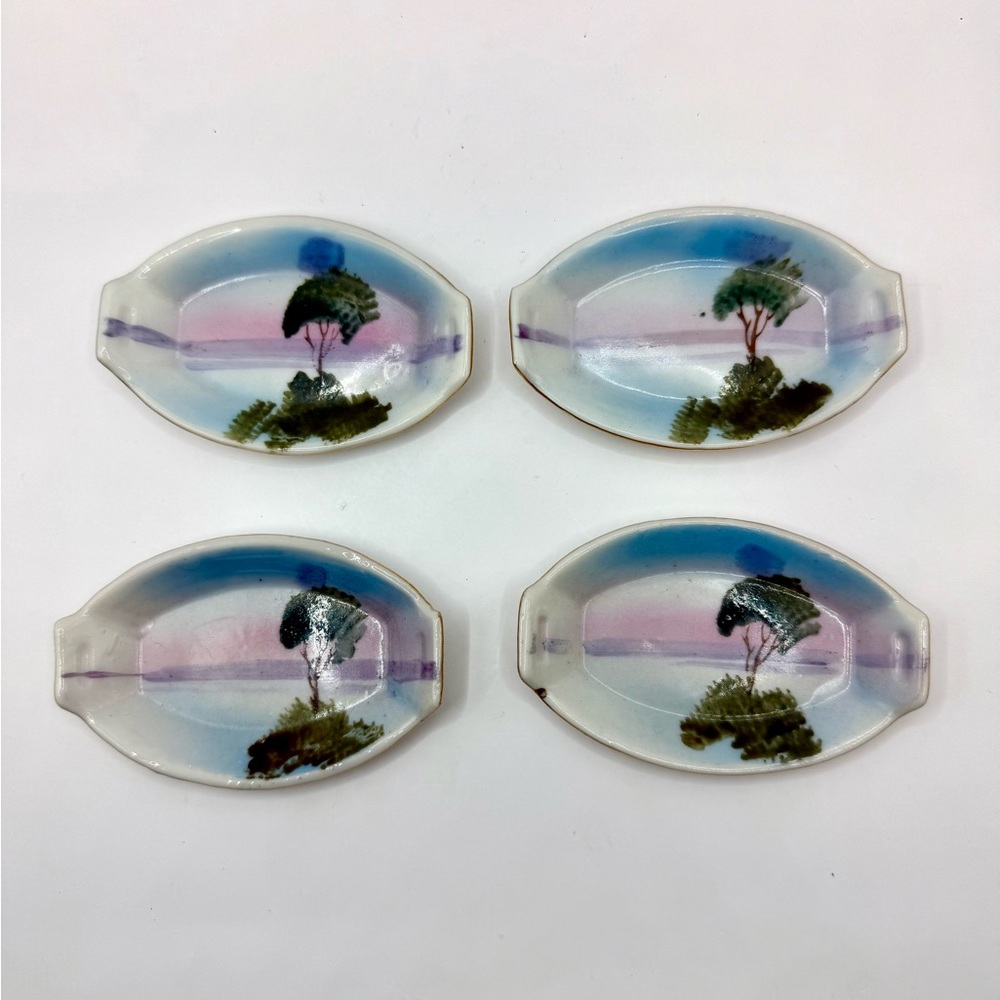 Vintage Japanese Hand-Painted Scenic Landscape Ceramic Salt Cellar Plates 4 pcs